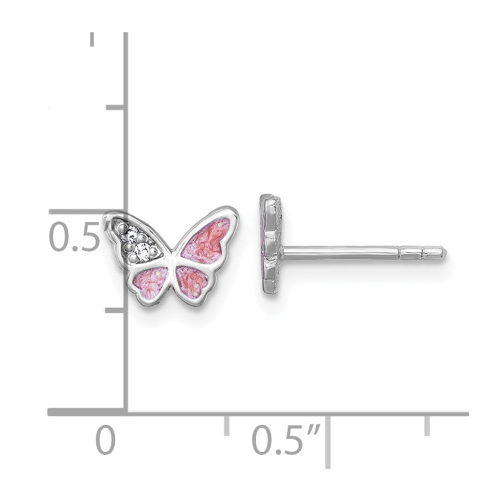 QG7235E Sterling Silver Rhodium-plated Polished CZ and Pink Enamel Butterfly Post Earrings
