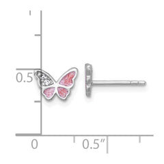 QG7235E Sterling Silver Rhodium-plated Polished CZ and Pink Enamel Butterfly Post Earrings