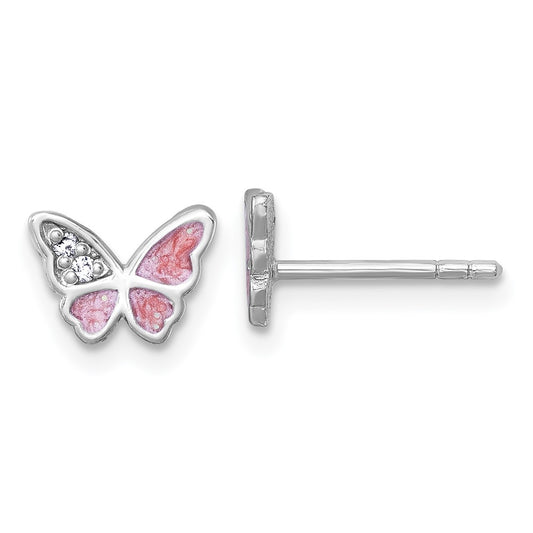 QG7235E Sterling Silver Rhodium-plated Polished CZ and Pink Enamel Butterfly Post Earrings