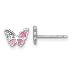 QG7235E Sterling Silver Rhodium-plated Polished CZ and Pink Enamel Butterfly Post Earrings