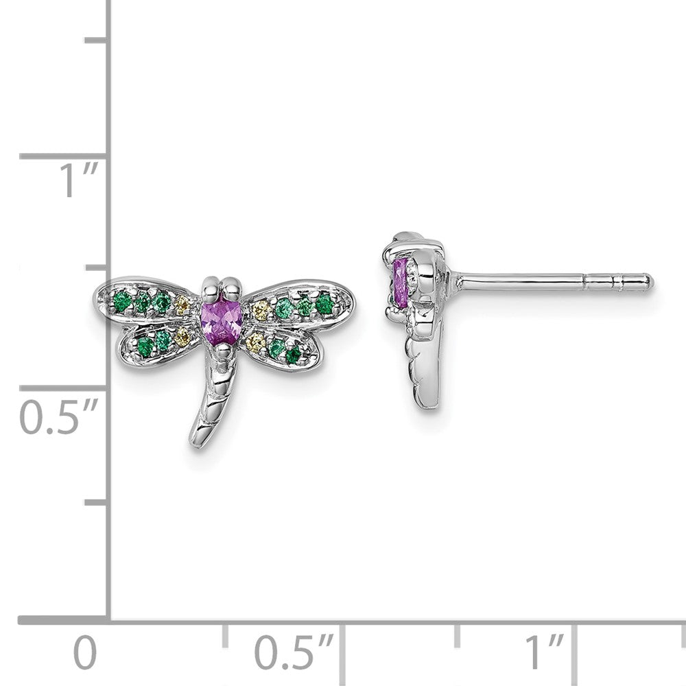QG7237E Sterling Silver Rhodium-plated Polished Green, Yellow and Pink CZ Dragonfly Post Earrings