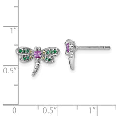 QG7237E Sterling Silver Rhodium-plated Polished Green, Yellow and Pink CZ Dragonfly Post Earrings