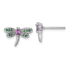 QG7237E Sterling Silver Rhodium-plated Polished Green, Yellow and Pink CZ Dragonfly Post Earrings