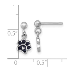 QG7238E Sterling Silver Rhodium-plated Polished Black Enamel Paw Print with Heart Dangle Post Earrings