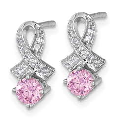 QG7239E Sterling Silver Rhodium-plated Polished Round Pink and White CZ Awareness Ribbon Post Earrings