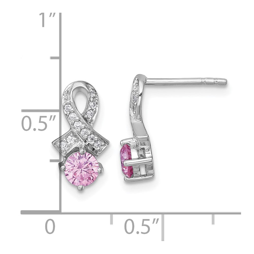 QG7239E Sterling Silver Rhodium-plated Polished Round Pink and White CZ Awareness Ribbon Post Earrings