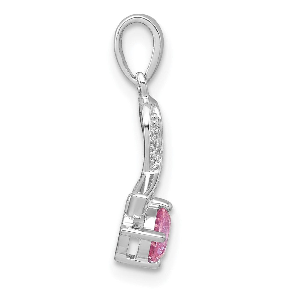 Sterling Silver Rhodium-plated Polished Round Pink and White CZ Awareness Ribbon Pendant QG7239P