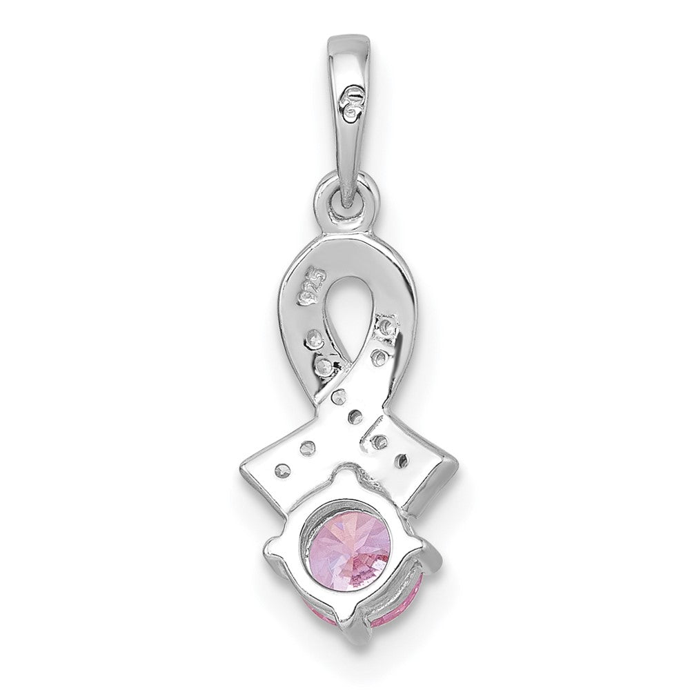 Sterling Silver Rhodium-plated Polished Round Pink and White CZ Awareness Ribbon Pendant QG7239P