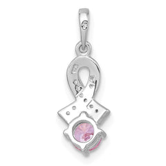 Sterling Silver Rhodium-plated Polished Round Pink and White CZ Awareness Ribbon Pendant QG7239P