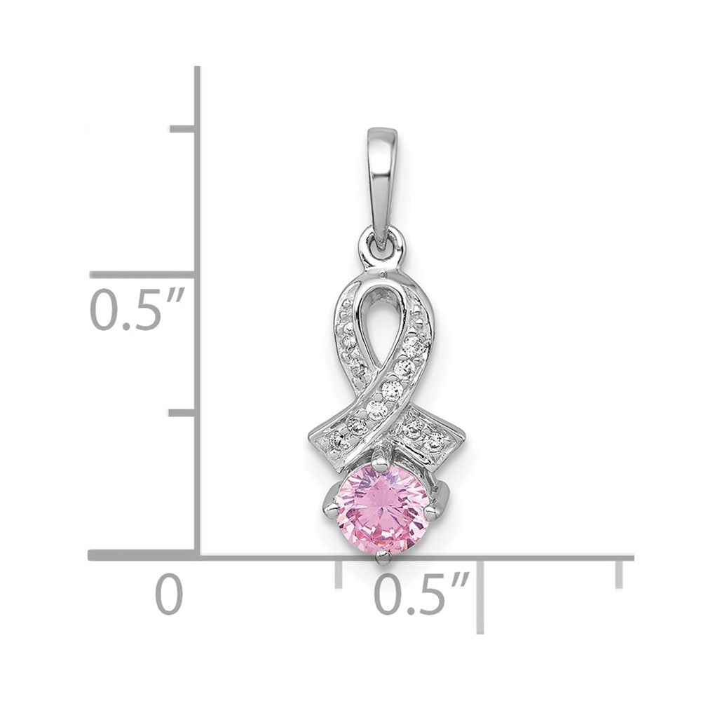 Sterling Silver Rhodium-plated Polished Round Pink and White CZ Awareness Ribbon Pendant QG7239P