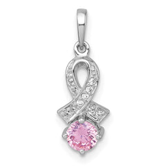 Sterling Silver Rhodium-plated Polished Round Pink and White CZ Awareness Ribbon Pendant QG7239P