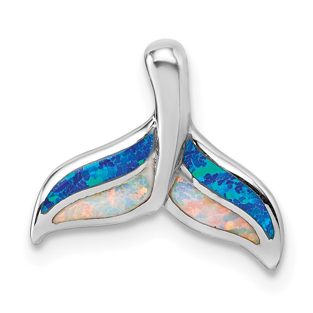 Sterling Silver Rhodium-plated Polished Lab Created Opal Whale Tail Chain Slide Pendant QG7241P