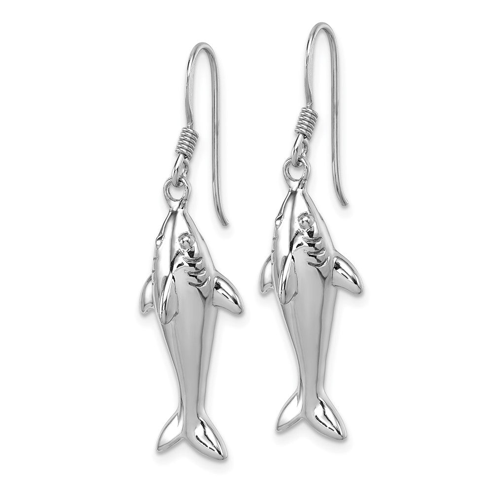 QG7242E Sterling Silver Rhodium-plated Polished Shark Dangle Shepherd Hook Earrings