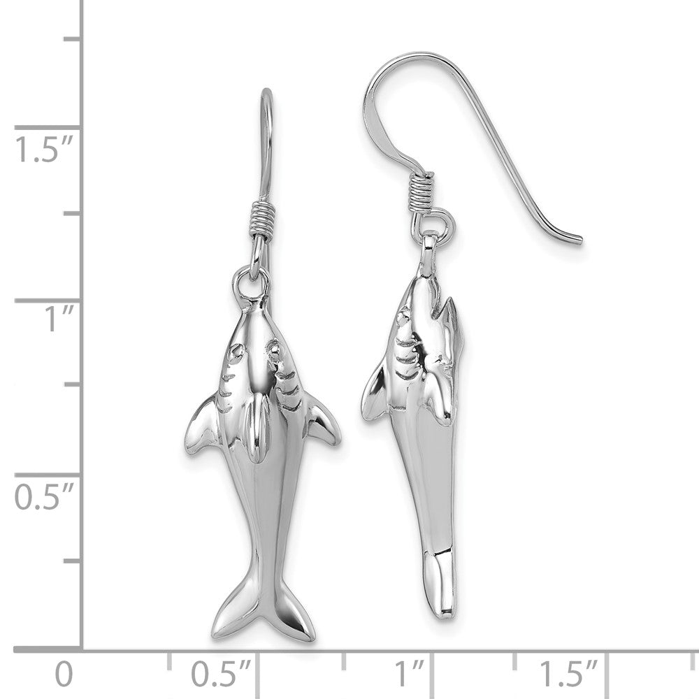 QG7242E Sterling Silver Rhodium-plated Polished Shark Dangle Shepherd Hook Earrings