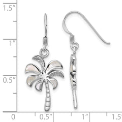 QG7244E Sterling Silver Rhodium-plated Polished Mother of Pearl Palm Tree Dangle Shepherd Hook Earrings