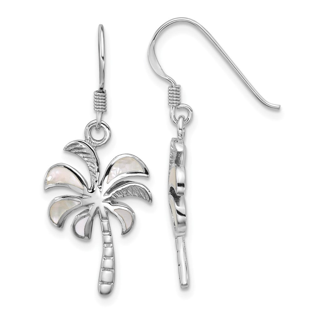 QG7244E Sterling Silver Rhodium-plated Polished Mother of Pearl Palm Tree Dangle Shepherd Hook Earrings