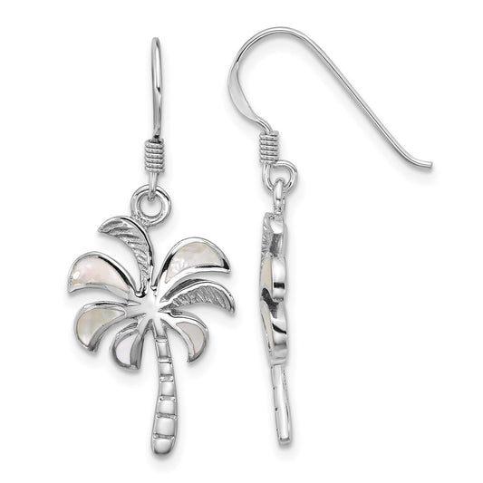 QG7244E Sterling Silver Rhodium-plated Polished Mother of Pearl Palm Tree Dangle Shepherd Hook Earrings