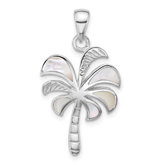 Sterling Silver Rhodium-plated Polished Mother of Pearl Palm Tree Pendant QG7244P