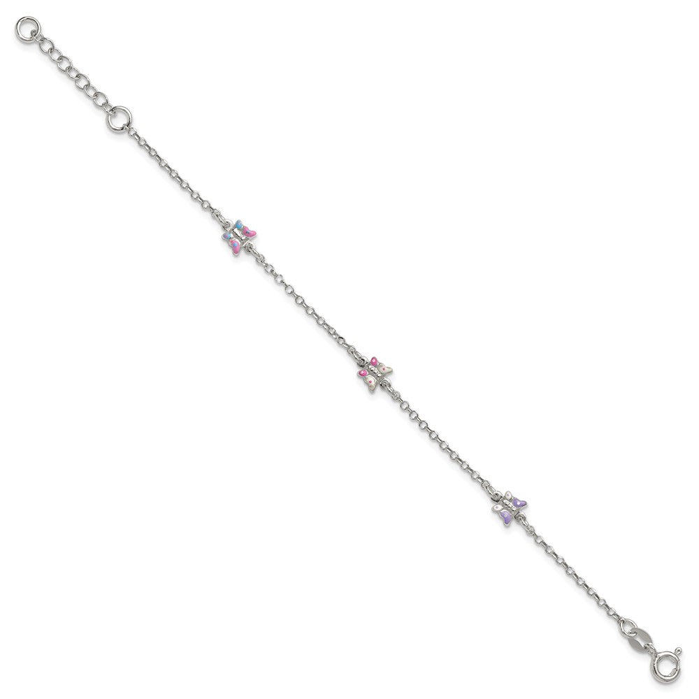 Sterling Silver Polished Pink/Purple/White/Blue Enameled Butterfly 6 inch with 1 inch extension Childrens Bracelet QG7254-6