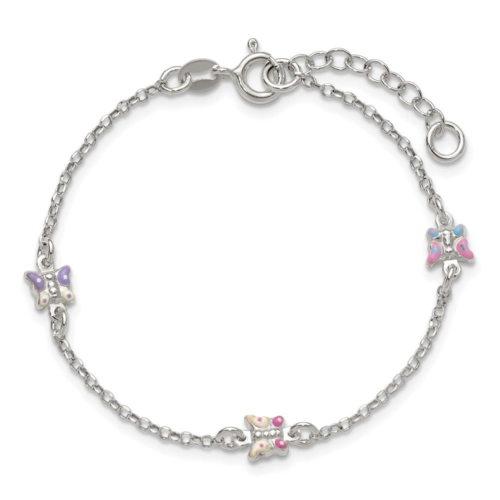 Sterling Silver Polished Pink/Purple/White/Blue Enameled Butterfly 6 inch with 1 inch extension Childrens Bracelet QG7254-6