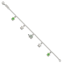 Sterling Silver Polished Green Enamel Turtles Childrens 6 inch Bracelet QG7256-6