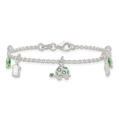 Sterling Silver Polished Green Enamel Turtles Childrens 6 inch Bracelet QG7256-6