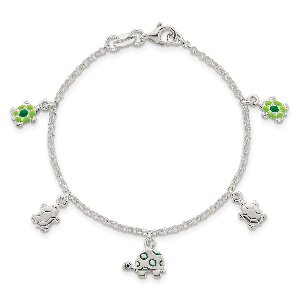 Sterling Silver Polished Green Enamel Turtles Childrens 6 inch Bracelet QG7256-6