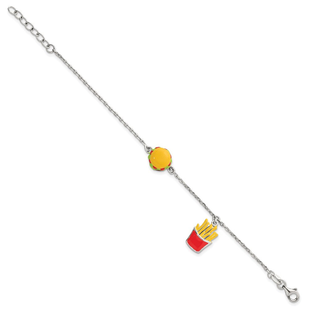 Sterling Silver Polished Multi-colored Enamel Burger and Fries Childrens 6 inch with 1 inch Extension Bracelet QG7257-6