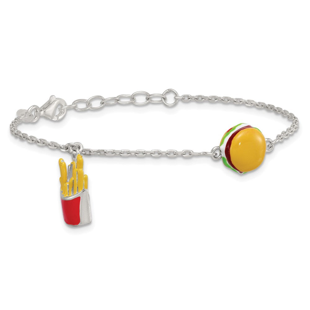 Sterling Silver Polished Multi-colored Enamel Burger and Fries Childrens 6 inch with 1 inch Extension Bracelet QG7257-6