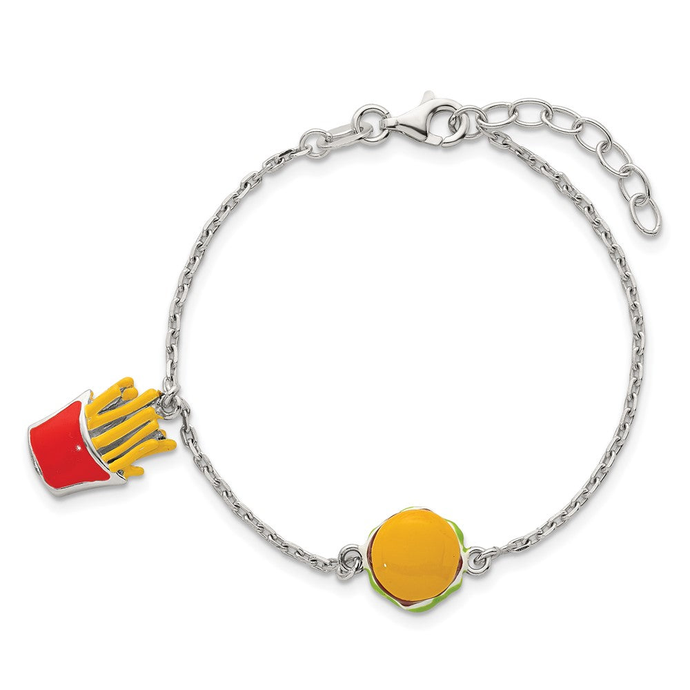 Sterling Silver Polished Multi-colored Enamel Burger and Fries Childrens 6 inch with 1 inch Extension Bracelet QG7257-6