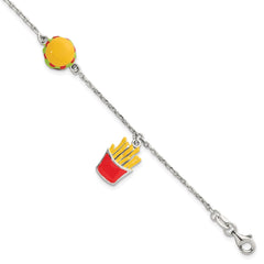 Sterling Silver Polished Multi-colored Enamel Burger and Fries Childrens 6 inch with 1 inch Extension Bracelet QG7257-6