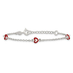 Sterling Silver Polished Red and White Enameled Hearts 6 inch with 1 inch extension Childrens Bracelet QG7258-6