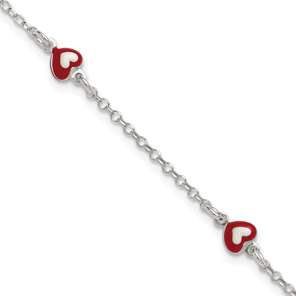 Sterling Silver Polished Red and White Enameled Hearts 6 inch with 1 inch extension Childrens Bracelet QG7258-6