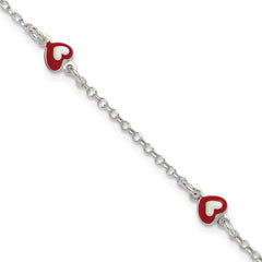 Sterling Silver Polished Red and White Enameled Hearts 6 inch with 1 inch extension Childrens Bracelet QG7258-6