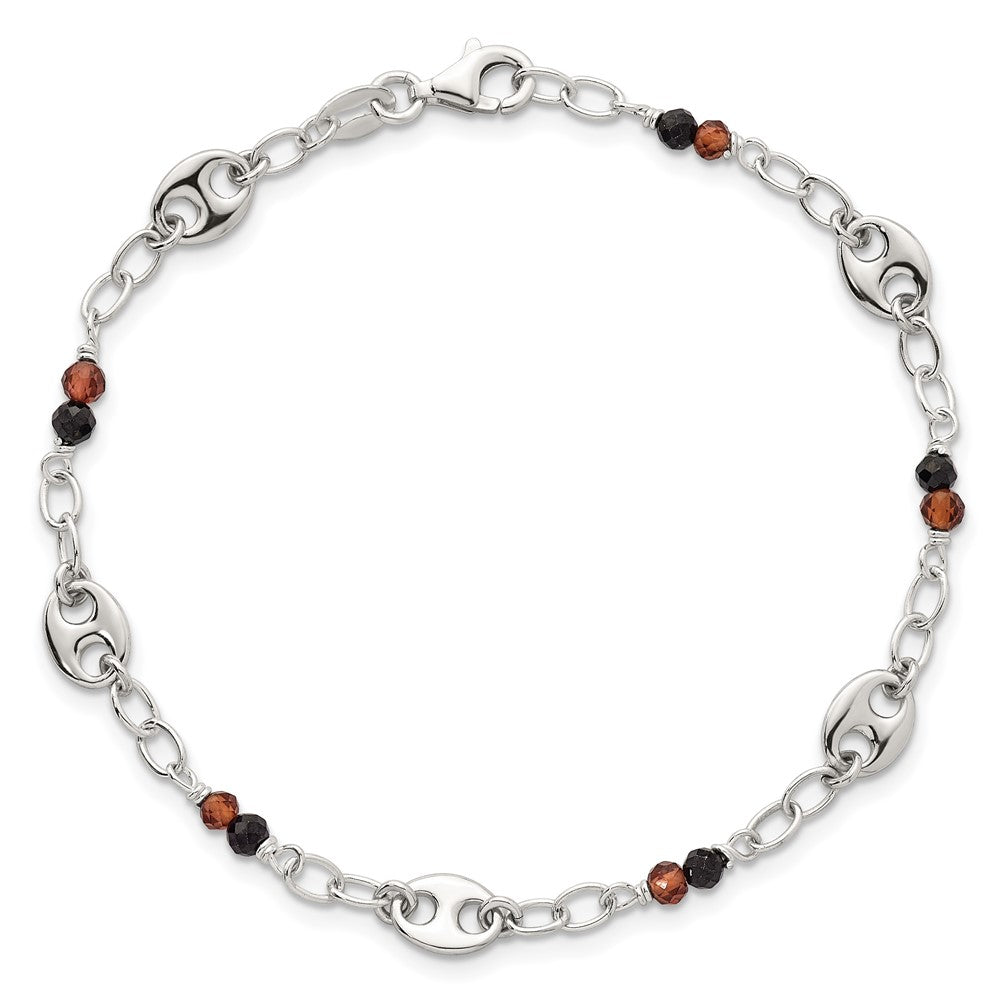 Sterling Silver Polished and Beaded Garnet and Spinel Fancy Link 7.5 inch Bracelet QG7280-7.5