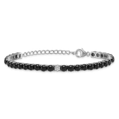 Sterling Silver Rhodium-plated Polished Pave CZ and Onyx 7.5 Inch with 1.5 Inch Extension Bracelet QG7284-7.5