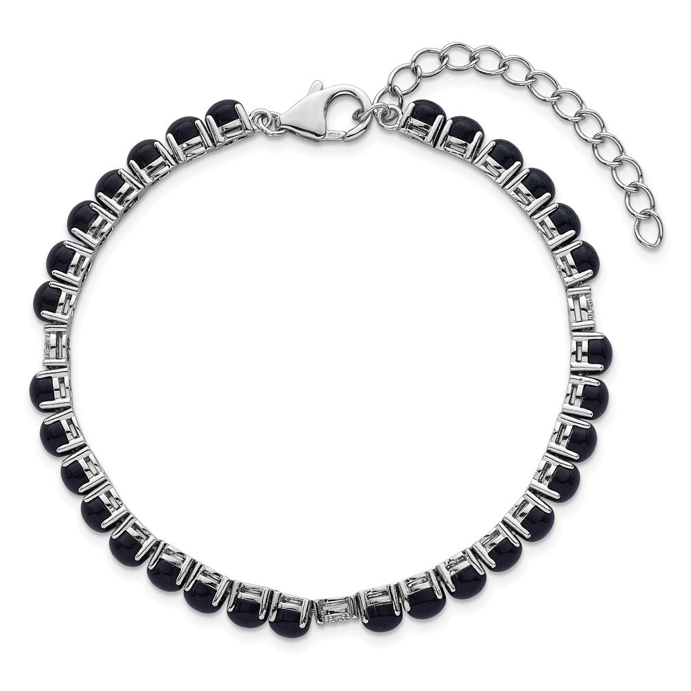 Sterling Silver Rhodium-plated Polished Pave CZ and Onyx 7.5 Inch with 1.5 Inch Extension Bracelet QG7284-7.5