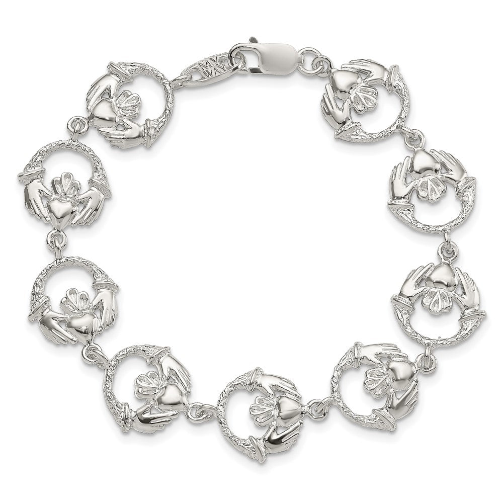 Sterling Silver Polished and Textured Claddagh Link 7 inch Bracelet QG880-7