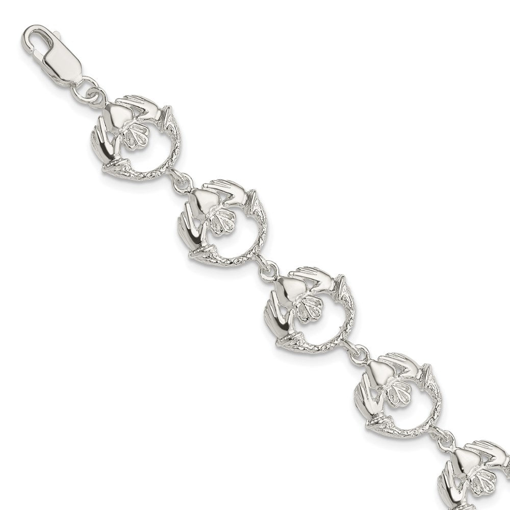 Sterling Silver Polished and Textured Claddagh Link 7 inch Bracelet QG880-7