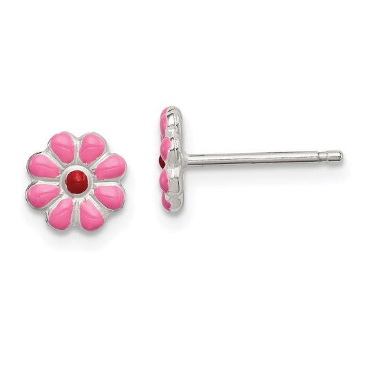 QGK103 Sterling Silver Madi K Polished Pink & Red Enameled Flower Children's Post Earrings