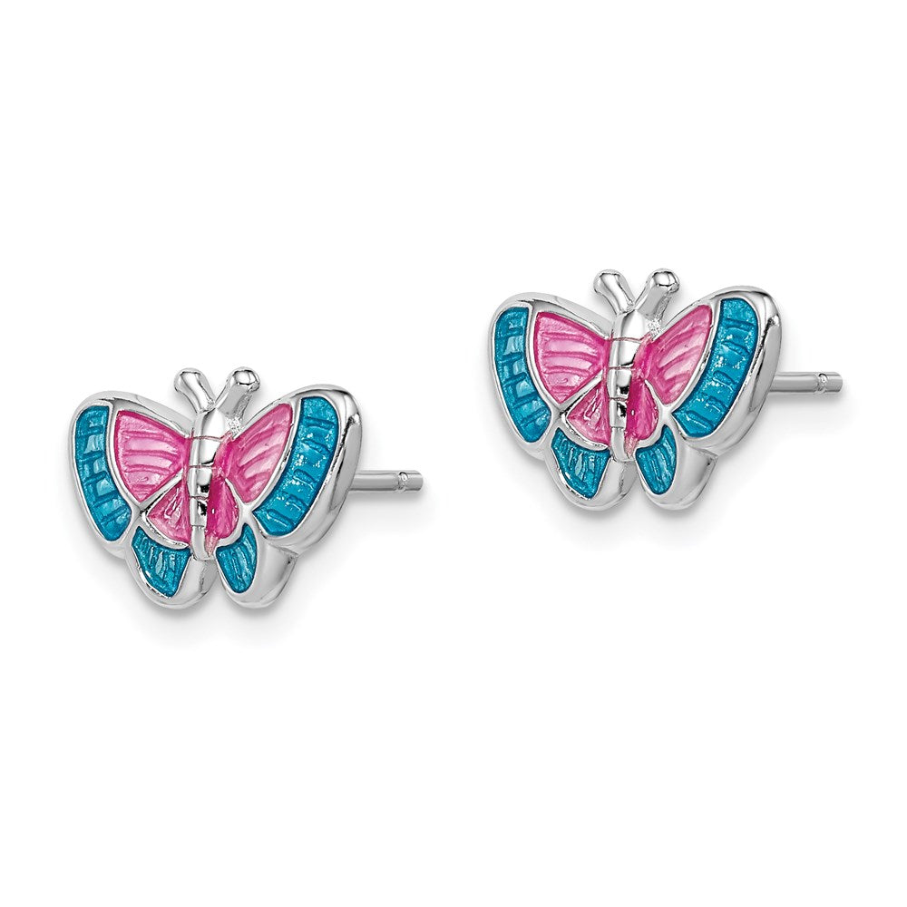 QGK107 Sterling Silver Rhodium-plated Madi K Polished Pink & Blue Enameled Butterfly Children's Post Earrings