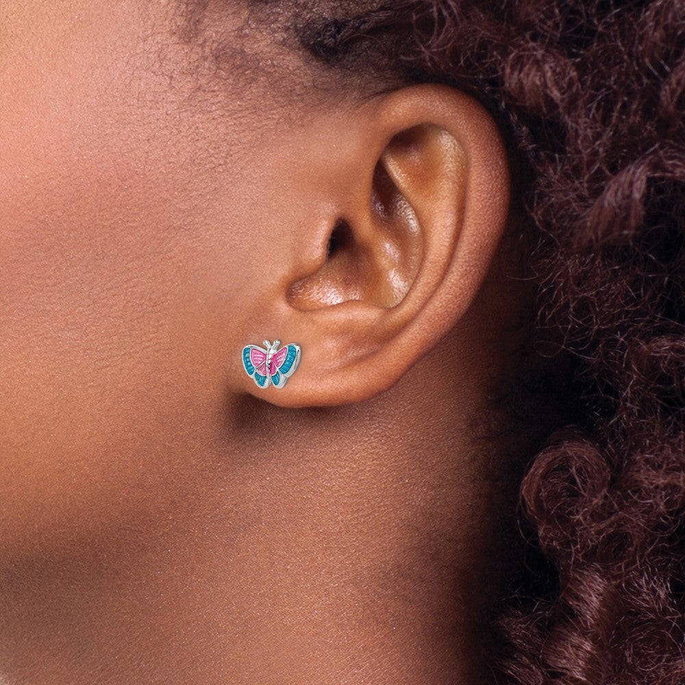 QGK107 Sterling Silver Rhodium-plated Madi K Polished Pink & Blue Enameled Butterfly Children's Post Earrings