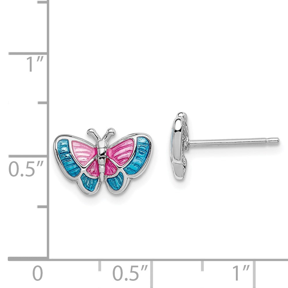 QGK107 Sterling Silver Rhodium-plated Madi K Polished Pink & Blue Enameled Butterfly Children's Post Earrings
