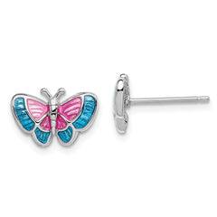 QGK107 Sterling Silver Rhodium-plated Madi K Polished Pink & Blue Enameled Butterfly Children's Post Earrings