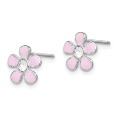 QGK108 Sterling Silver Madi K Rhodium-plated Polished Pink Enamel & Crystal Flower Children's Post Earrings
