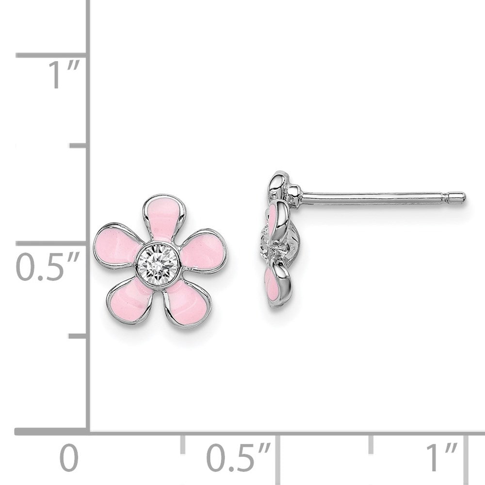 QGK108 Sterling Silver Madi K Rhodium-plated Polished Pink Enamel & Crystal Flower Children's Post Earrings