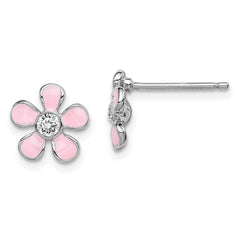 QGK108 Sterling Silver Madi K Rhodium-plated Polished Pink Enamel & Crystal Flower Children's Post Earrings