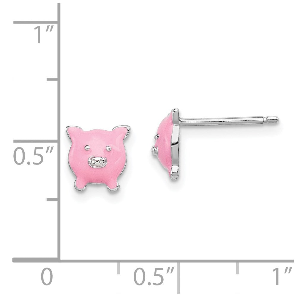 QGK117 Sterling Silver Madi K Rhodium-plated Polished Pink Enameled Pig Children's Post Earrings