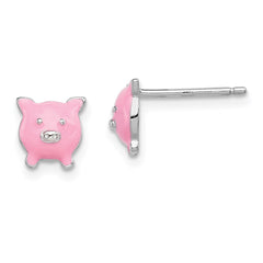 QGK117 Sterling Silver Madi K Rhodium-plated Polished Pink Enameled Pig Children's Post Earrings