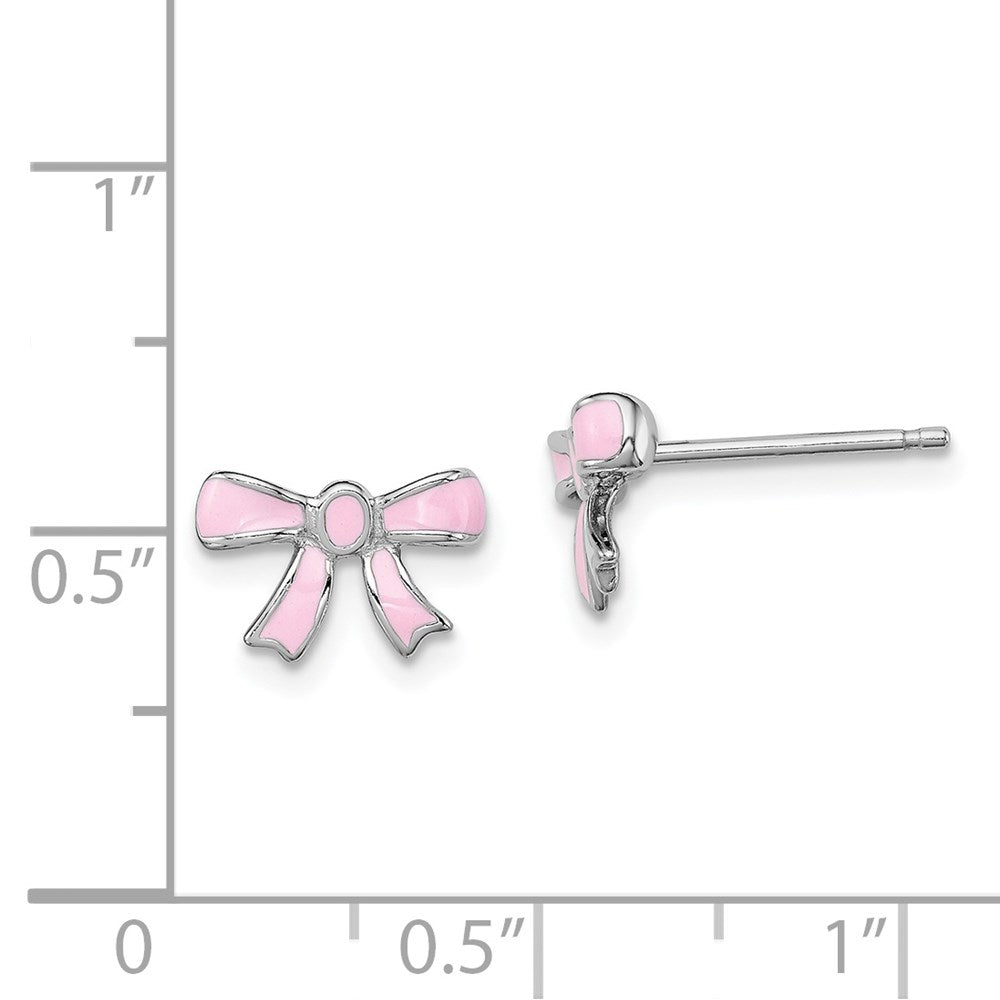 QGK119 Sterling Silver Madi K Rhodium-plated Pink Enamel Bow Children's Post Earrings